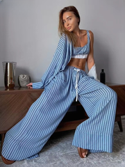 Elegant Long Sleeve Shirt + Crop Top With High Waist Wide Pants 3 Pieces Set