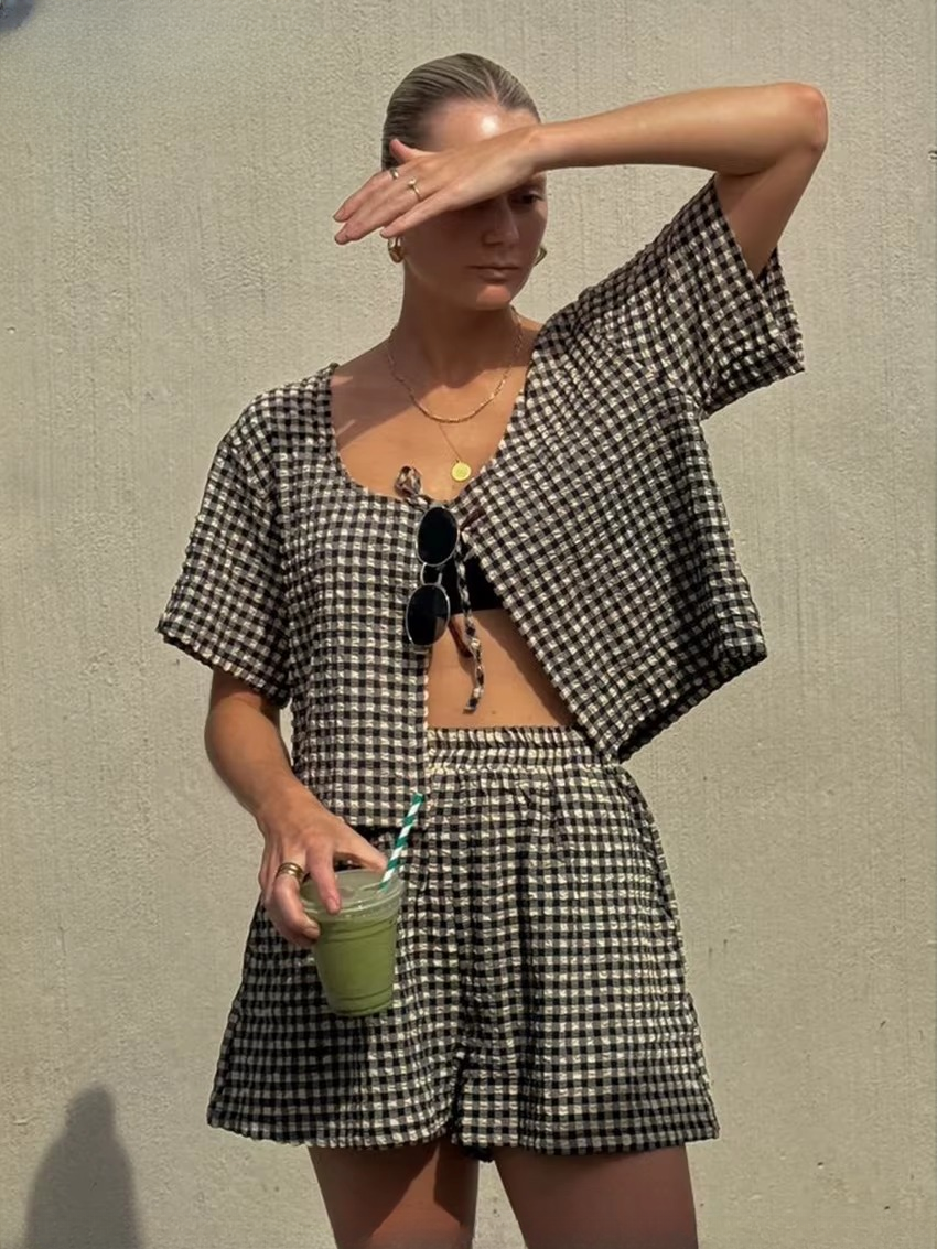 Casual V-Neck Short Sleeve Shirt With High Waist Shorts Set Two Piece Set