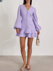 Casual Slim Cotton V-Neck Long Sleeve Classic Pleated Mini Dresses