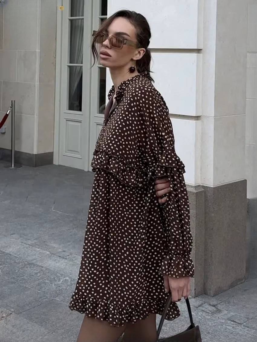 Casual V-Neck Long Sleeve Loose Print  Ruffle Mini Dresses