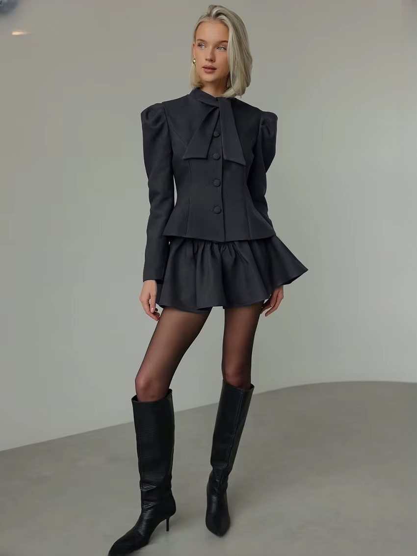 Elegant Long Sleeve Shirt With High Waist Mini Skirt Two Pieces Set