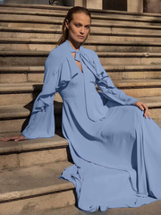 Elegant V-Neck Long Sleeve Ruffle Classic Lace-Up Maxi Dresses
