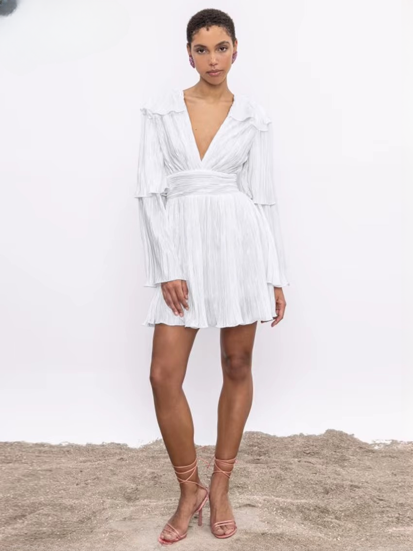 Elegant V-Neck Long Sleeve Classic High Waist Pleated Mini Dresses