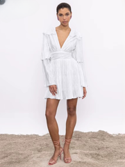 Elegant V-Neck Long Sleeve Classic High Waist Pleated Mini Dresses
