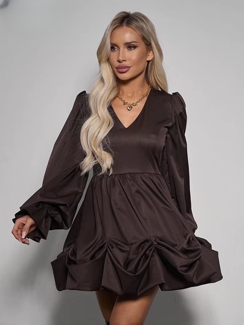 Casual V-Neck Pullover High Waist Pleated Long Sleeve Mini Dresses
