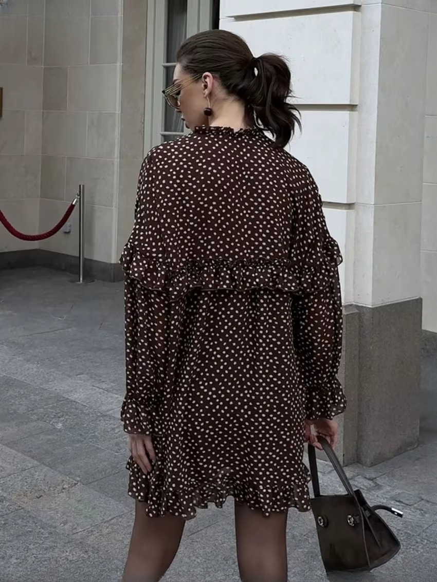 Casual V-Neck Long Sleeve Loose Print  Ruffle Mini Dresses