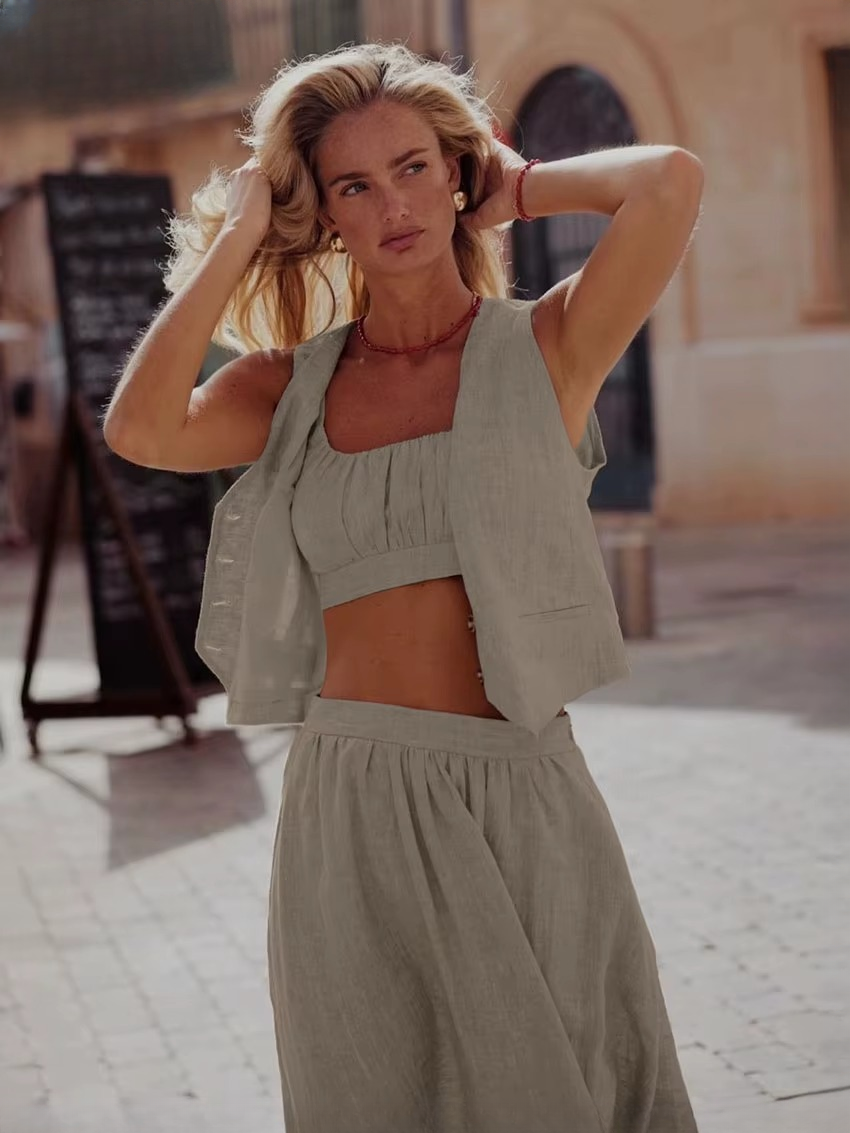 Casual Sleeveless Tank Top + Crop Top With High Waist Long Skirt 3 Piece Set