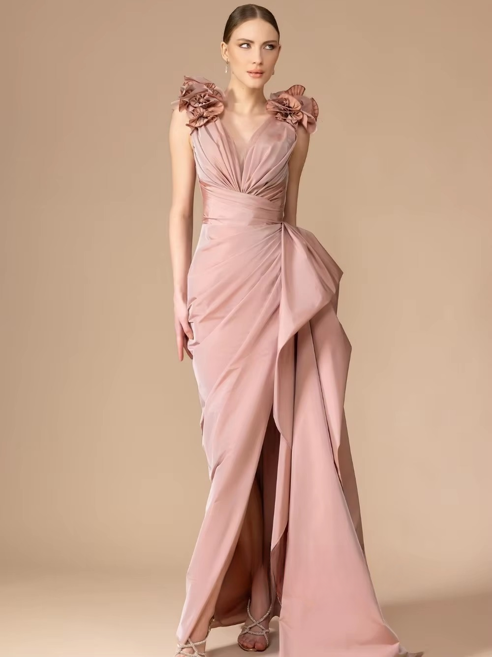 Classic Pleat Flower A-line V-neck Sleeveless Cocktail Long Maxi Dresses