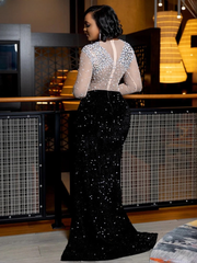 Rhinestone Pearl Mesh O Neck Long Sleeve See Though Patchwork Bodycon Evening Party Long Maxi Dresses