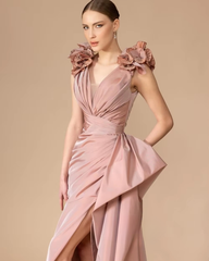 Classic Pleat Flower A-line V-neck Sleeveless Cocktail Long Maxi Dresses