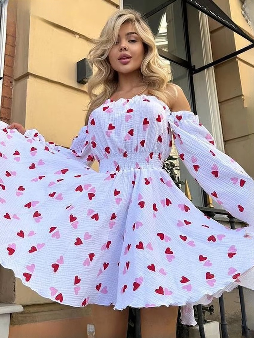 Elegant Loose Love Cotton Slash Neck Long Sleeve Mini Dresses
