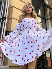 Elegant Loose Love Cotton Slash Neck Long Sleeve Mini Dresses
