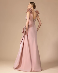Classic Pleat Flower A-line V-neck Sleeveless Cocktail Long Maxi Dresses