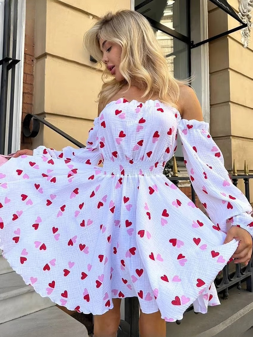 Elegant Loose Love Cotton Slash Neck Long Sleeve Mini Dresses