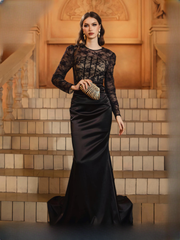 Luxury Round Neck Long Sleeved Formal Floor Length Dress