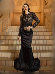 Luxury Round Neck Long Sleeved Formal Floor Length Dress