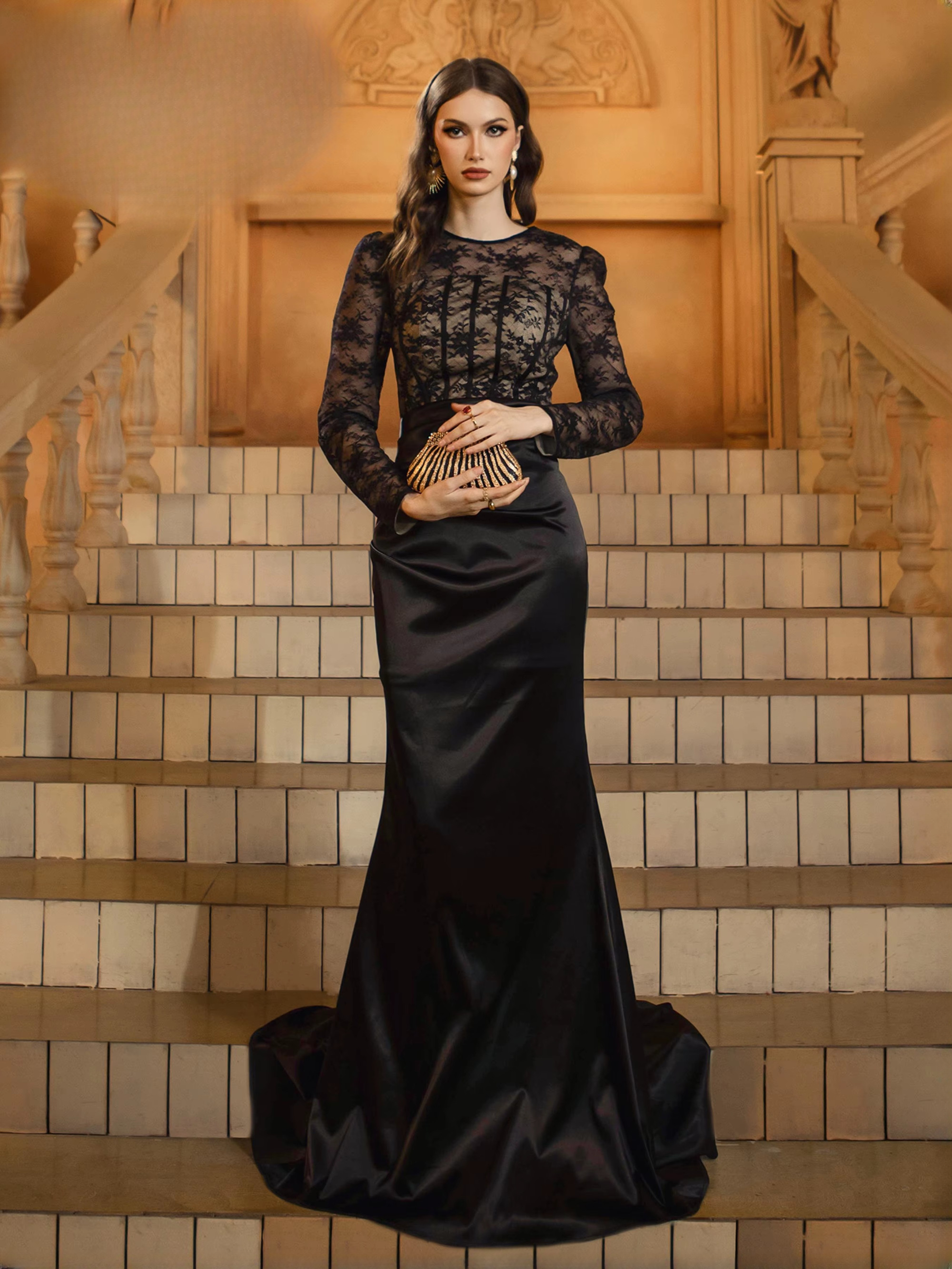 Luxury Round Neck Long Sleeved Formal Floor Length Dress