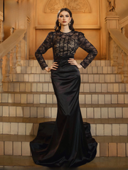 Luxury Round Neck Long Sleeved Formal Floor Length Dress