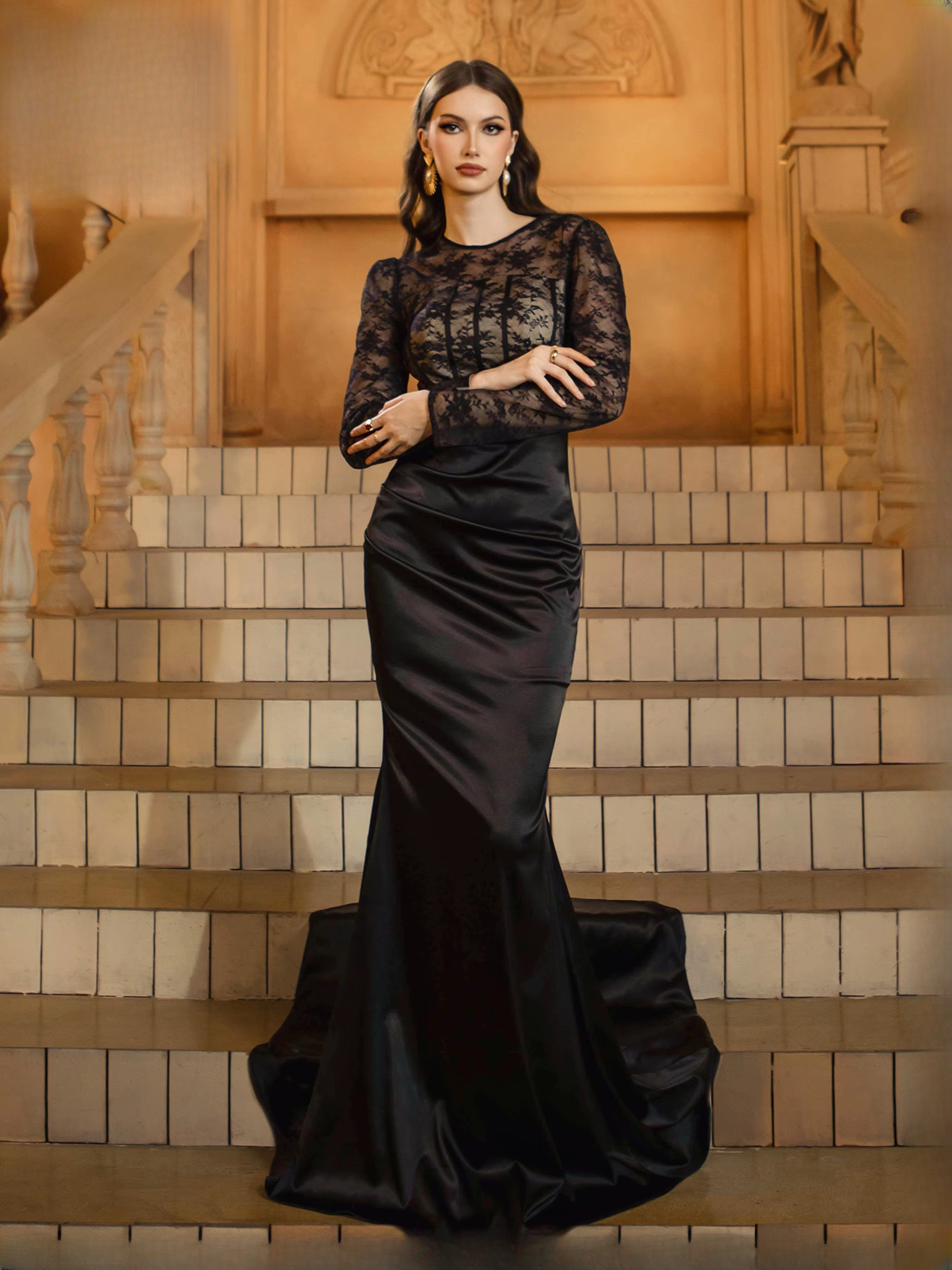 Luxury Round Neck Long Sleeved Formal Floor Length Dress