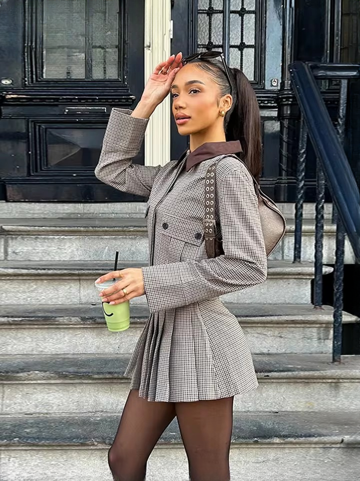 Casual Street Plaid Lapel Buttons Crop Jacket Short Pleated A-line Skirts Set