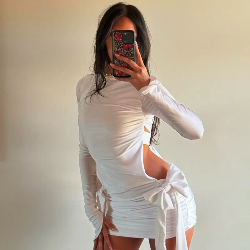 Trendy O-Neck Long Sleeve Backless Ruched Hollow Out Bow Mini Dress