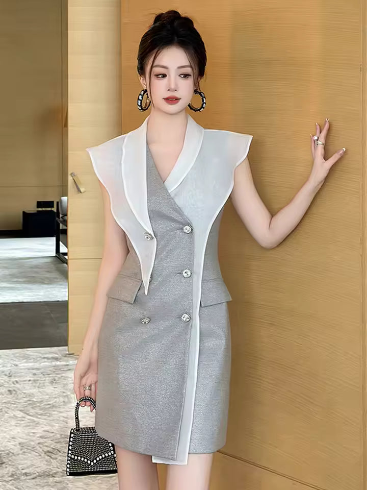 Vintage Office Style Double Breasted Asymmetrical Blazer Dress
