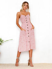 vintage Buttons Up Striped Spaghetti Strap Sleeveless A Line Midi Dresses