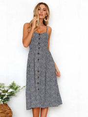 vintage Buttons Up Striped Spaghetti Strap Sleeveless A Line Midi Dresses