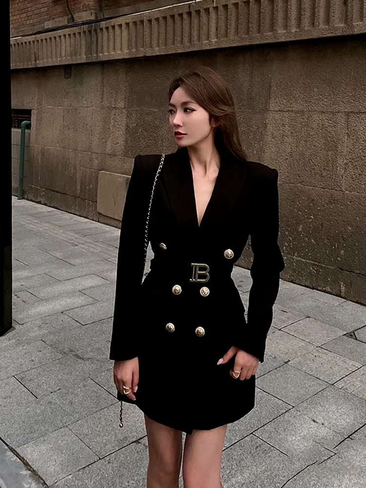 vintage Double Breasted Notched Long Sleeve Office Lady Mini Blazer Dresses