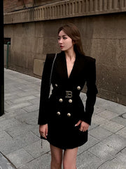 vintage Double Breasted Notched Long Sleeve Office Lady Mini Blazer Dresses
