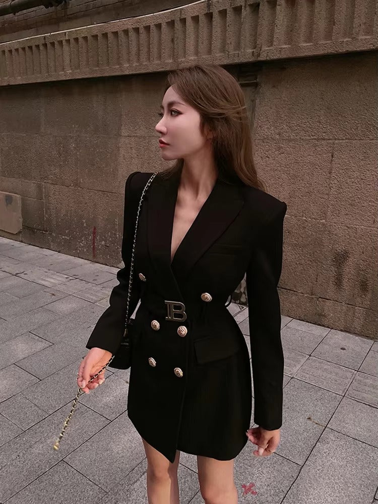 vintage Double Breasted Notched Long Sleeve Office Lady Mini Blazer Dresses